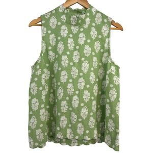 Crown & Ivy Green Floral Linen Blend Scalloped Hem Mock Neck Sleeveless Top M
